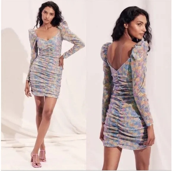 NEW! SAYLOR Lawren Multicolor Sequin Ruched Long Sleeve Mini Dress ✨Small NWT! - Picture 2 of 14